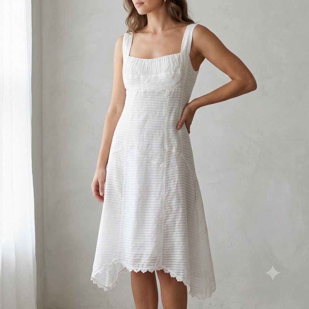 Nanette Lepore Dress Size 6 White Linen Silk Stripe Ruched Midi Handkerchief USA